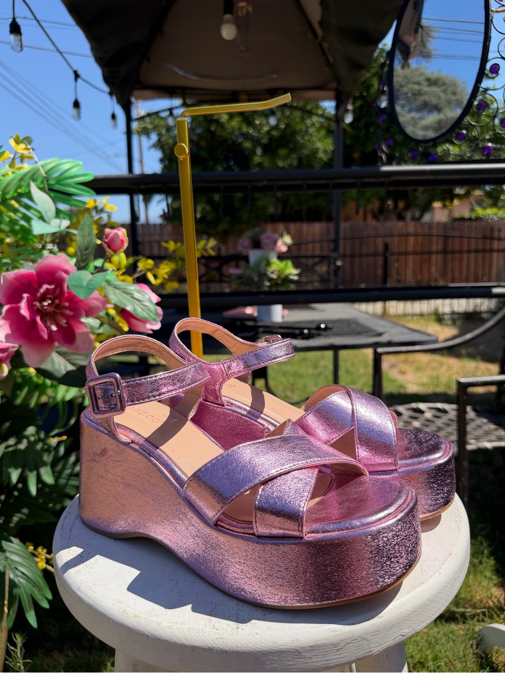BAMBOO Metallic Pink Platform Wedge Sandals